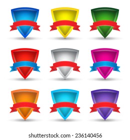 collection of multicolored shields with ribbons on a  white background