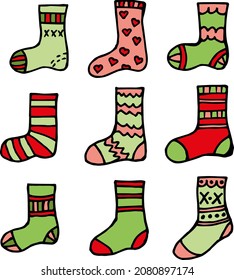 Collection of multicolored socks on white background. Doodle style. Vector image.
