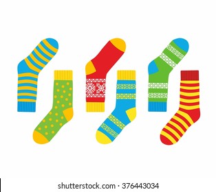 Collection of multi-colored socks with patterns and stripes