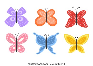 Collection of Multicolored Spring Butterflies with Geometric Patterns on Their Wings, Featuring Vibrant and Intricate Designs