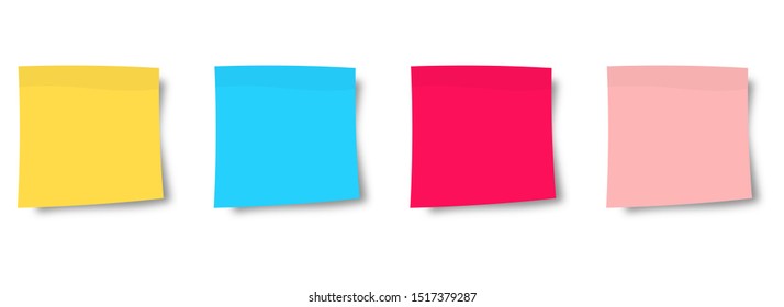 Collection of multi-colored stickers. Sticky notes paper. Collection of different colored sheets of note papers. Front view. Ready for your message. Realistic vector illustration