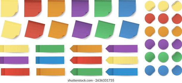 Collection of multicolored sticky notes, paper tags, and labels in square, round, and ribbon shapes. Ideal for planners, reminders and presentations