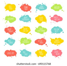 Collection of multicolored templates speech bubbles with spray, quotes. Colored vector stickers in flat design with short messages. Can be used for decoration of kids' illustrations, comics, banners