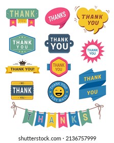 Collection multicolored thank you signs isometric vector illustration. Set greeting gratitude symbols labels decorative design flag garland, speech bubble, quick tips, badge, congrats insignia ribbon