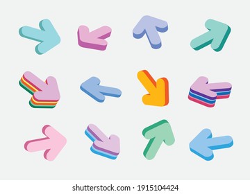 Colección de flechas multicolores tridimensionales. Flechas de diferentes direcciones y grosor 
