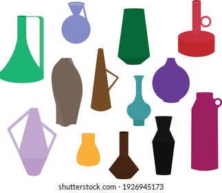 A collection of multi-colored vases on a white background. Vector flat illustration in the style of minimalism. Design for cards, posters, textiles, menus, t-shirts, design element.