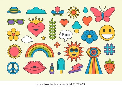 Collection multicolored vintage pop art stickers elements decorative design vector illustration. Set groovy style sun, sunglasses, cloud, hat, rainbow arch, eye, ice cream, flower summer hippie print