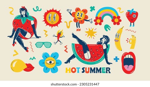 Collection multicolored vintage pop art summer stickers elements decorative design vector illustration. Set groovy style girl strawberry, sun, sunglasses, rainbow arch