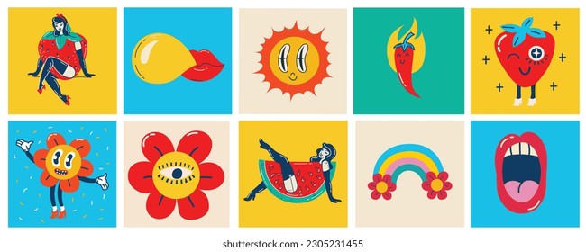 Collection multicolored vintage pop art summer stickers elements decorative design vector illustration. Set groovy style girl strawberry, sun, sunglasses, rainbow arch