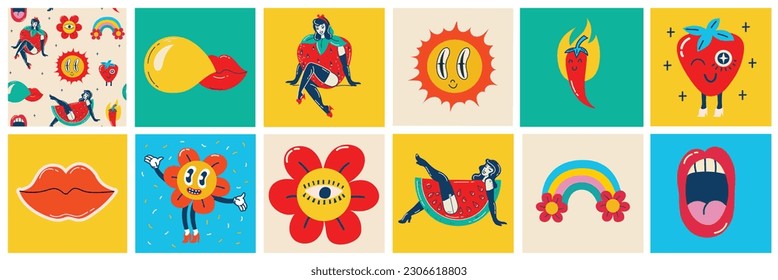 Collection multicolored vintage pop art summer stickers elements decorative design vector illustration. Set groovy style girl strawberry, sun, sunglasses, rainbow arch