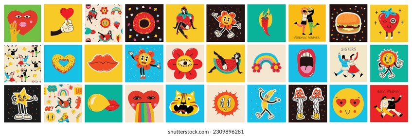 Collection multicolored vintage pop art summer stickers elements decorative design vector illustration. Set groovy style girl strawberry, sun, sunglasses, rainbow arch