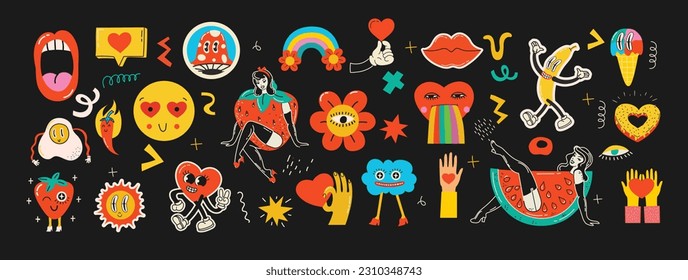 Collection multicolored vintage pop art summer stickers elements decorative design vector illustration. Set groovy style girl strawberry, sun, sunglasses, rainbow arch