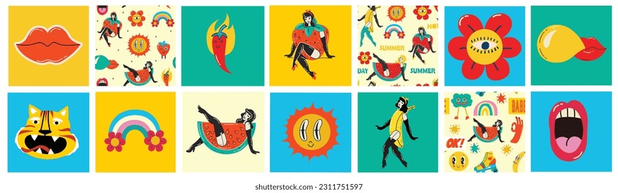 Collection multicolored vintage pop art summer stickers elements decorative design vector illustration. Set groovy style girls, strawberry, sun, sunglasses, rainbow arch