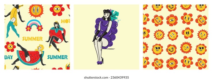 Collection multicolored vintage pop art stickers elements decorative design vector illustration. Set groovy style girls, strawberry, sun, sunglasses, rainbow arch