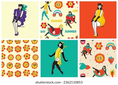 Collection multicolored vintage pop art stickers elements decorative design vector illustration. Set groovy style girls, strawberry, sun, sunglasses, rainbow arch