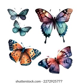 Colección de mariposas de acuarela multicolor. Ilustración vectorial.