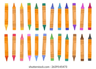 Collection of multi-colored wax crayons, oil crayons on a white background, rainbow colors. Stationery, accessories for drawing, art.