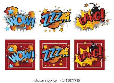 Collection of multicoloured comic sound effects with square sign 