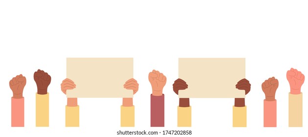Collection of multicultural hands holding empty signs posters. Place for text. Agitation, protest, manifestation, rebel. Flat vector illustration isolated on white background. 