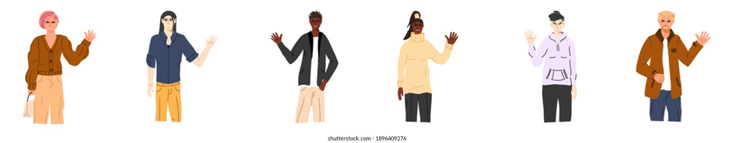 Colección de hombres y mujeres multiculturales y multinacionales. Jóvenes saludando. Asiático, afroamericano, caucásico grupo de personas. Ilustración vectorial.