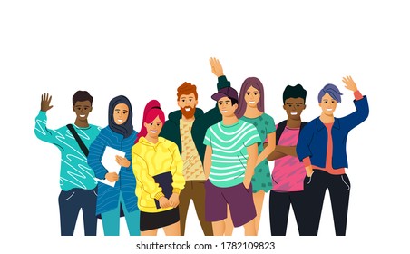 A collection of multicultural  young adult students smiling and waving isolated on a white background. People vector illustration.