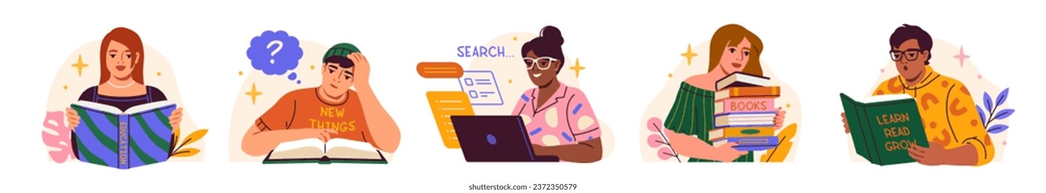 Collection of multiethnic students reading books, exploring knowledge and looking for information on the computer. Studying hard concept. Set of Education and Student flat cartoon vector illustrations