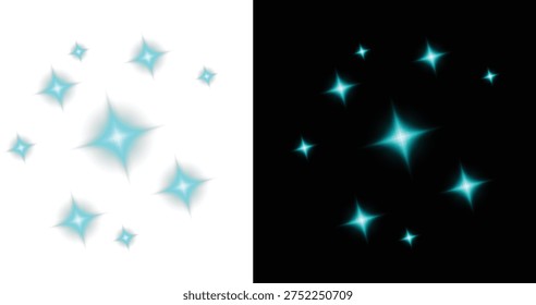 Collection of multiple blue glowing stars and sparkling light flares isolated
