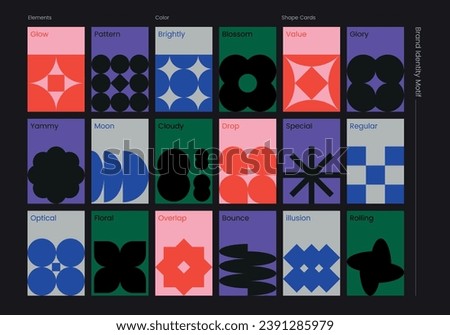 A collection of multiple cards with simple shapes in vector colors motif form poster printing meaning words shape figure brand identity logos icon geometry regular pattern template pack package set