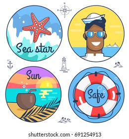 Collection of multiple marine icons and items. Vector illustration of pink sea star, happy sailor, peaceful seaside and life preserver