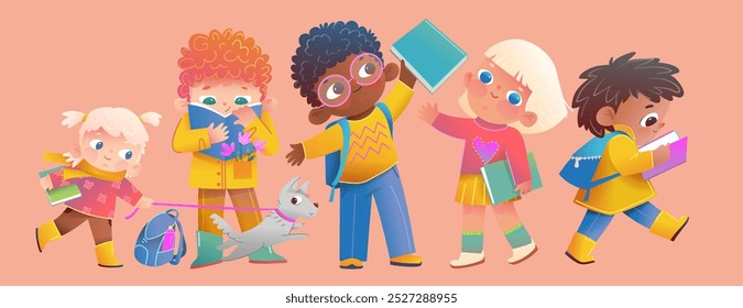 Coleção de personagens infantis multirraciais lendo livros e estudando. Desenho de personagens para crianças. Crianças educação e aprendizagem design de personagens. Vetor isolado para escola e jardim de infância.