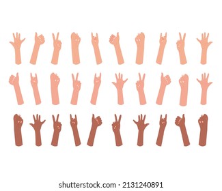 Colección de manos multirraciales con diferentes gestos. Prepárese para crear su propio banner o afiche web. Ilustración del vector