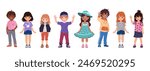 Collection of Multiracial Kids in Various Casual Clothes. Cute Children, Funny Boys and Girls. Isolated Vector Illustrations on a White Background for Back to School and Educational Designs.