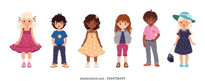 Collection of multiracial kids in various casual clothes. Cute children, funny boys and girls. Isolated vector illustrations on a white background for Back to School and educational designs.