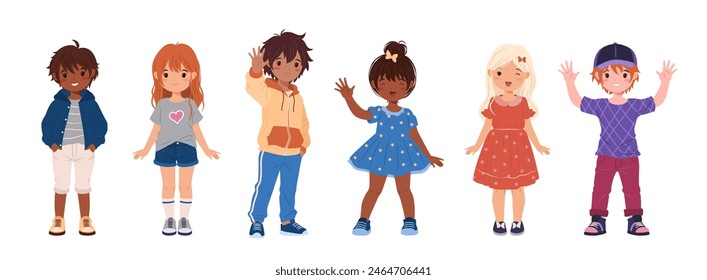 Colección de niños multirraciales en varias prendas informales. Niños lindos, niños y niñas divertidos. Ilustraciones vectoriales aisladas sobre fondo blanco para diseños educativos y de Regreso a la escuela.