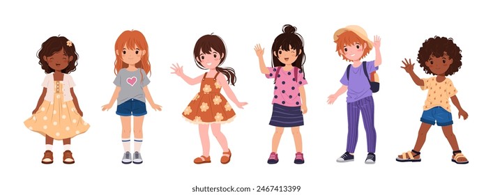 Collection of multiracial kids in various casual clothes. Cute children, funny boys and girls. Isolated vector illustrations on a white background for Back to School and educational designs.