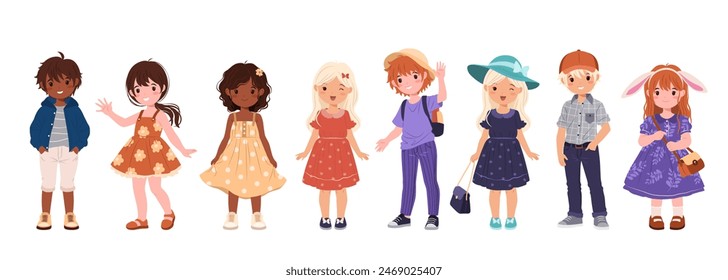 Collection of Multiracial Kids in Various Casual Clothes. Cute Children, Funny Boys and Girls. Isolated Vector Illustrations on a White Background for Back to School and Educational Designs.