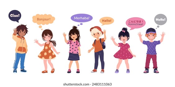 Collection of Multiracial Kids in Various Casual Clothes. Funny Boys and Girls Say Hello in Different Languages. Isolated Vector Illustrations for Back to School and Educational Designs.