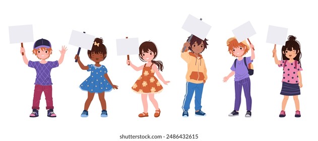 Collection of Multiracial Kids in Various Casual Clothes Holding Banners. Children, Funny Boys and Girls. Isolated Vector Illustrations on a White Background for Back to School and Educational Designs