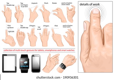 Collection of multi-touch gestures for tablets, smartphones and smart watches. Vector illustration.