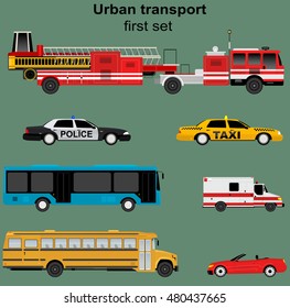 Collection of municipal transport buses, taxi, police car, ambulance, fire engine in flat design. Nice for infographic brochures, web and motion design. Vector