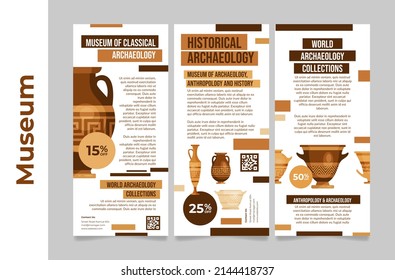 Collection museum archeology vertical posters place for text vector illustration. Set antique culture elements sale discount special offer placard. Prehistory science anthropology history vase amphora