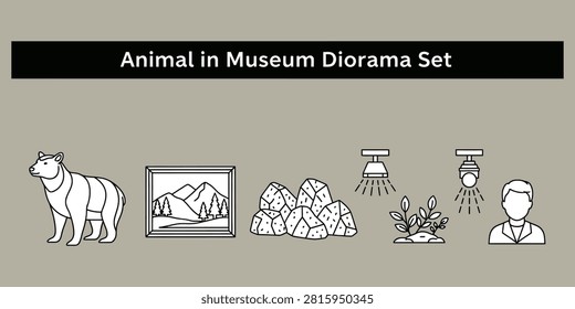Collection of museum diorama components including a bear silhouette landscape artwork rocky terrain spotlights and a person. Useful for educational or exhibition design.
