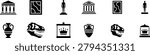 Collection of museum elements including prehistoric skeleton relics historical pottery masterpiece artworks and architectural columns for history education themes.