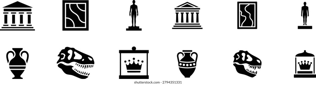 Collection of museum elements including prehistoric skeleton relics historical pottery masterpiece artworks and architectural columns for history education themes.