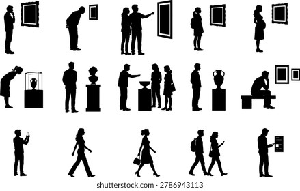 Collection of museum scene illustrations featuring diverse silhouettes of people admiring art. Includes individuals viewing paintings, sculptures, and artifacts in gallery spaces. Perfect for cultural events, educational content, and art appreciation themes.
