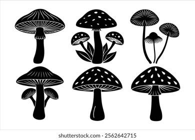 A collection of mushroom silhouette vector illustrations featuring diverse shapes and designs. Perfect for nature-themed projects, graphic designs, prints, and more. These high-quality, scalable 