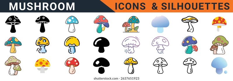 a collection of mushroom vector icons and silhouettes. these designs showcase different types of mushrooms, perfect for nature themed designs and food related projects. use these for decoration.