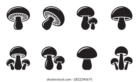 Collection of mushroom vector icons in solid black silhouette style showcasing diverse shapes and fungi varieties for design.