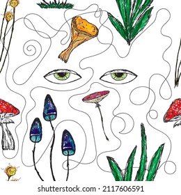 Collection with mushrooms. Tasty meal. Modern pattern. Fall season. Sunny day.