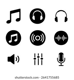 A collection of Music and audio icon set, notes, headphones, record, sound waves, equalizer.